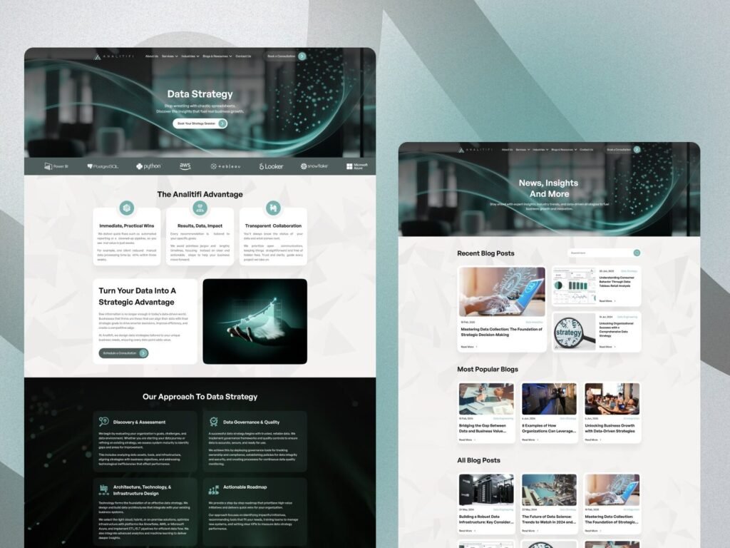 data strategy website design process section with roadmap and analytics workflow UI