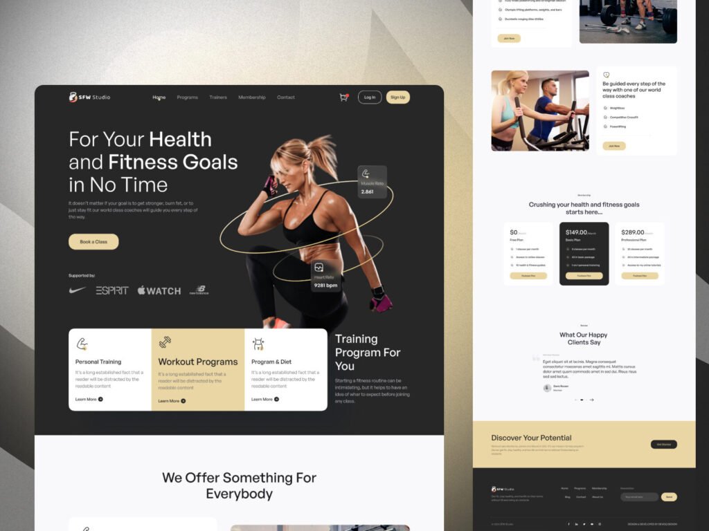 modern fitness website homepage design featuring gym membership programs and personal training services