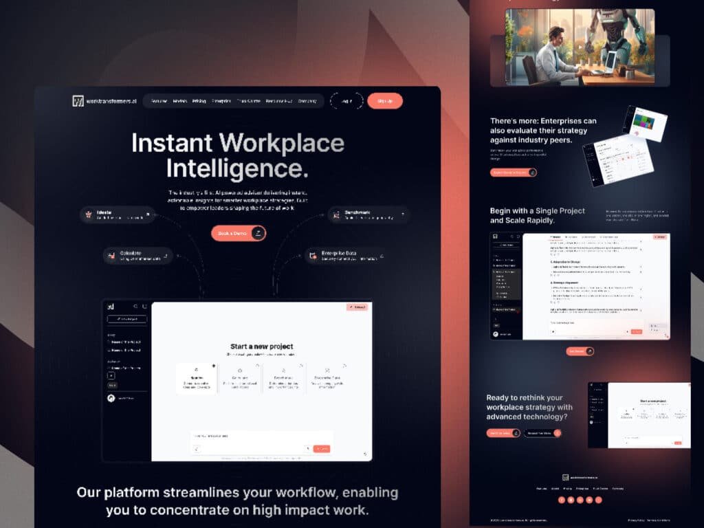 AI workplace analytics software homepage design with enterprise dashboard interface