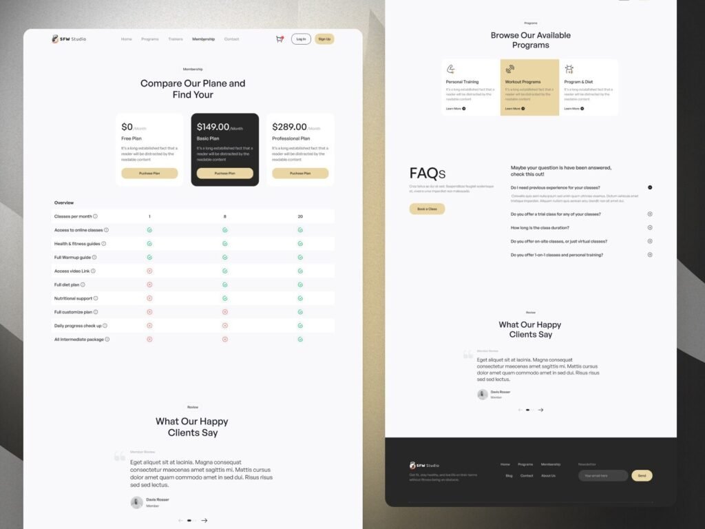 Fitness membership pricing table with subscription plans and benefits