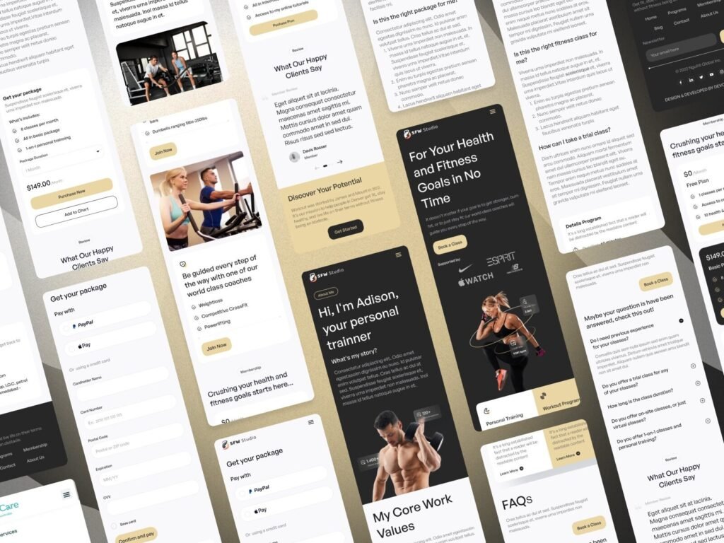 responsive fitness website mobile screens for memberships and workout programs