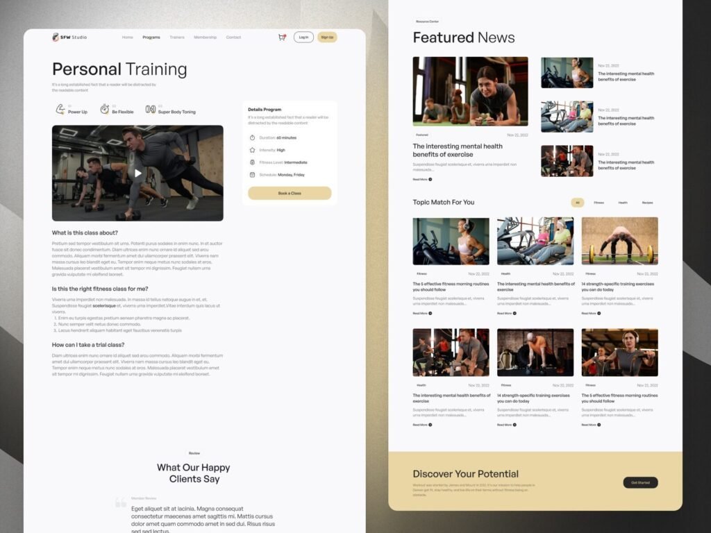Personal training service page design for fitness website with workout programs and coaching information