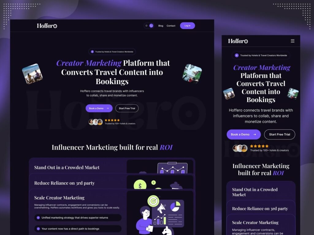 Responsive travel creator marketing platform website design desktop tablet & mobile devices