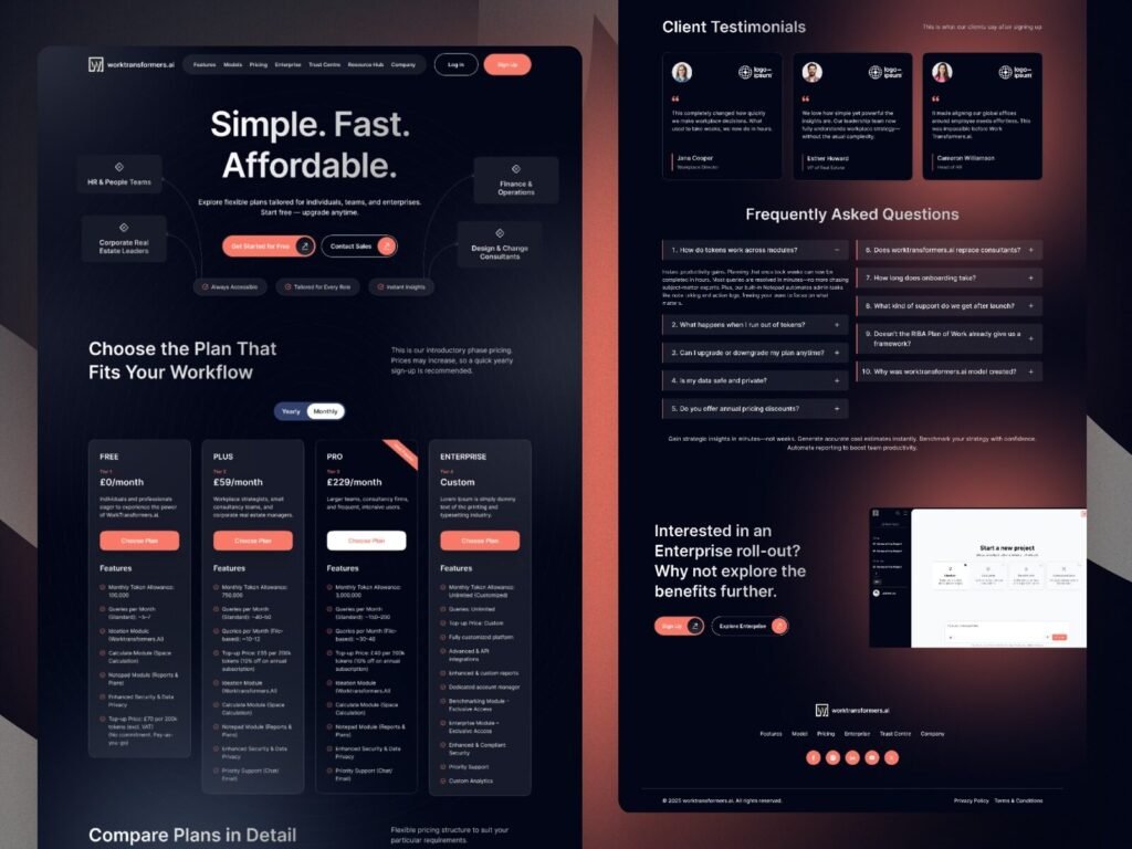workplace analytics software pricing page with enterprise subscription plans