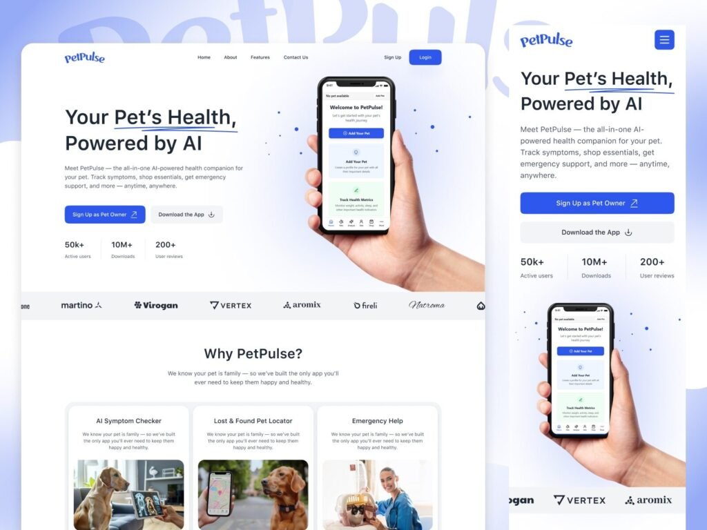 AI-powered pet care app design homepage featuring pet health app UI UX design and veterinary health management tools