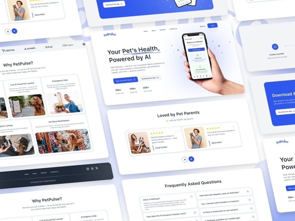 Pet health app UI UX design featuring AI symptom checker, lost pet locator, emergency assistance, and pet marketplace