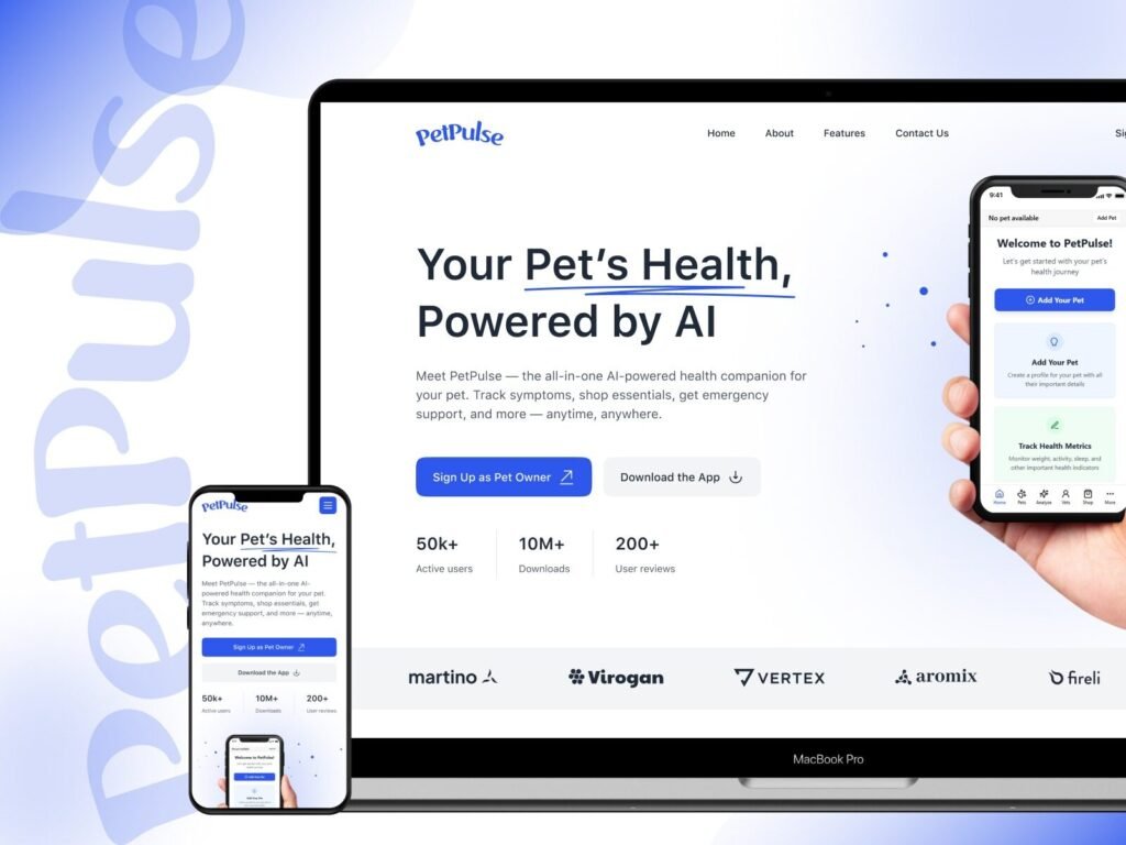 Responsive AI healthcare app design displayed on desktop and mobile devices for pet health management
