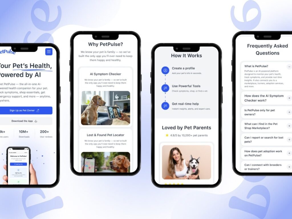 Mobile pet care app design featuring AI-powered pet health tracking, profile management, and FAQ functionality