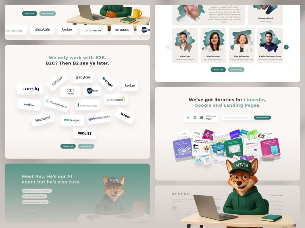 Modern UI UX Design components including landing pages, testimonials, team profiles and SaaS website sections