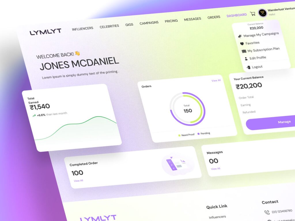 Modern FinTech dashboard UI showing earnings, payments and account analytics