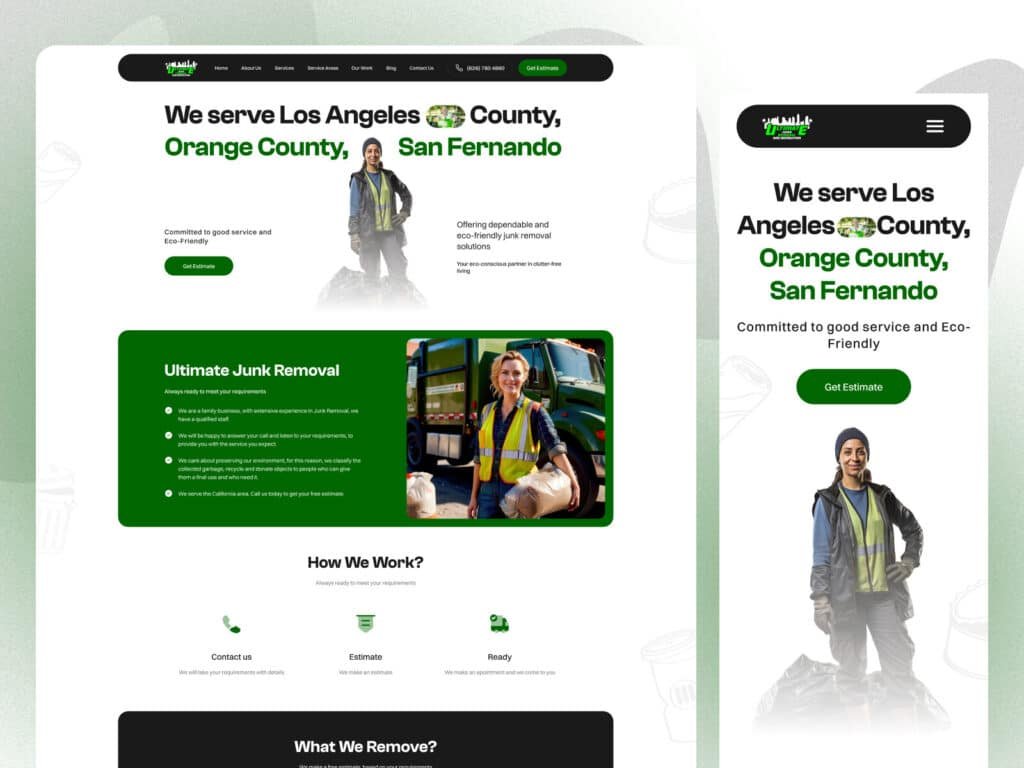Responsive junk removal website design optimized for desktop and mobile devices with clean UI and conversion-focused layout