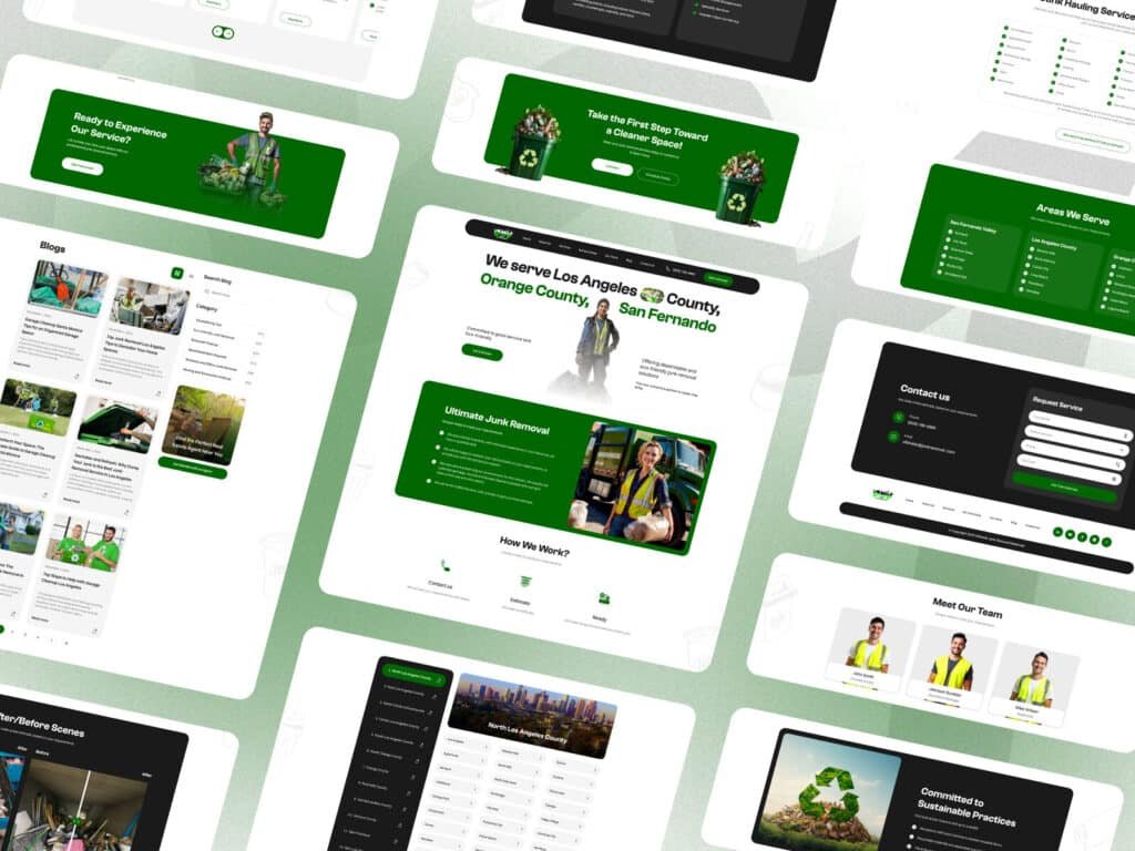 Complete junk removal website design featuring service pages, blog, FAQs, team profiles, contact forms and local SEO content