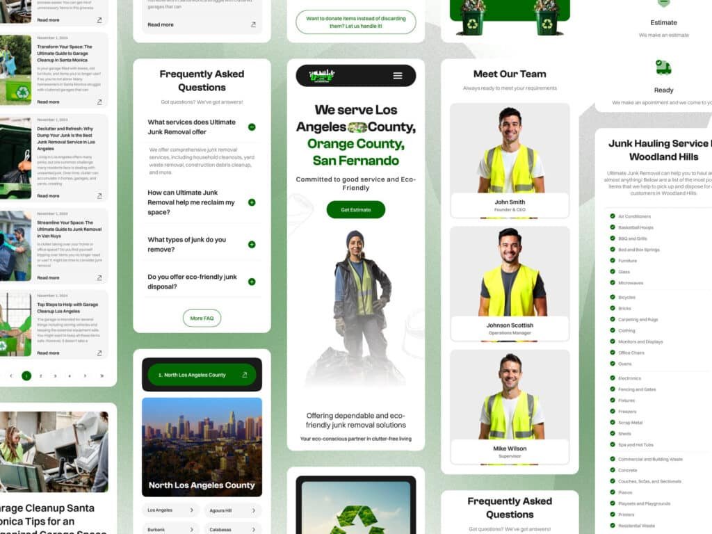 Junk removal website UI featuring FAQ section, team profiles, local service areas and trust-building content