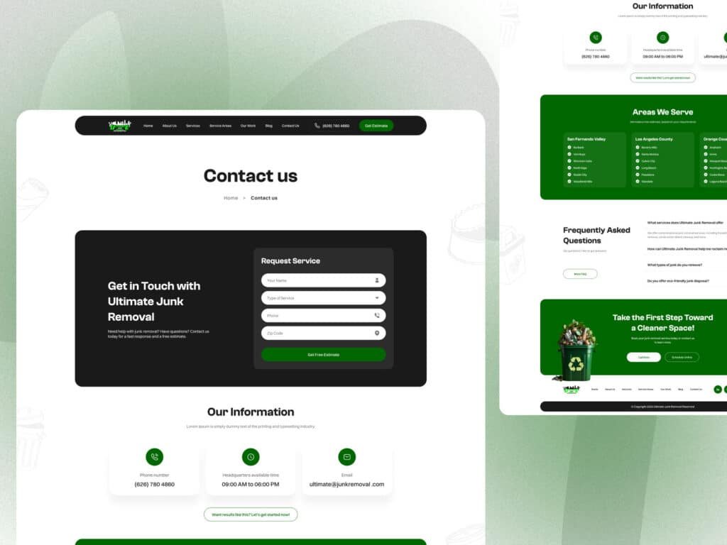 Junk removal website with online booking form, contact page, service request form and local business information