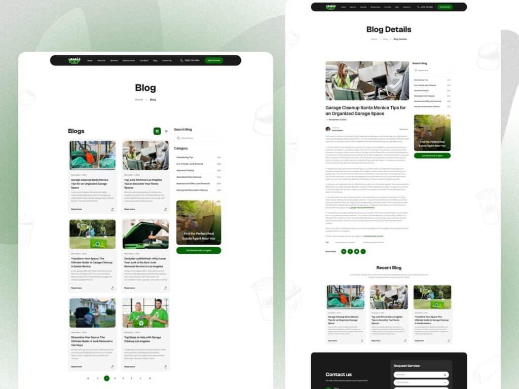 SEO-optimized junk removal blog page with service articles, category filters and responsive content layout