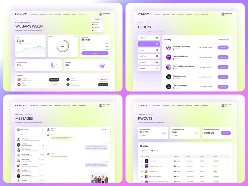 Financial dashboard UI with orders, messaging, payouts and account management