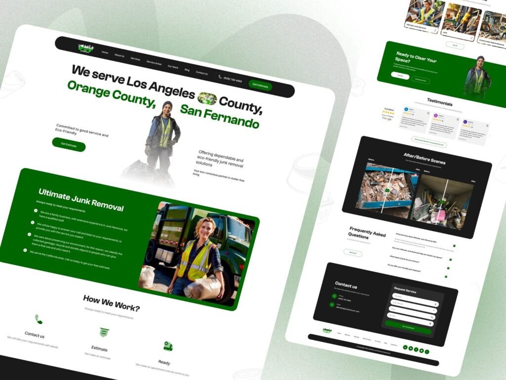 Modern junk removal website design homepage with responsive UI, service locations, eco-friendly branding and online estimate CTA