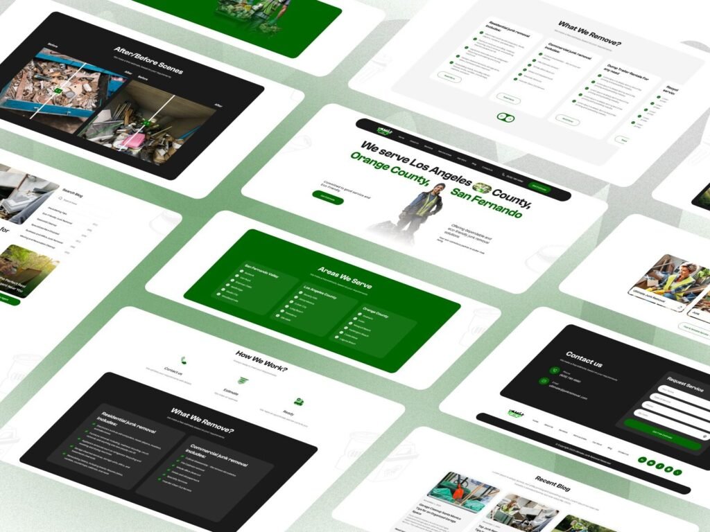 Modern junk removal website UI showcasing service sections, contact forms, FAQs, local SEO pages and conversion-focused layouts