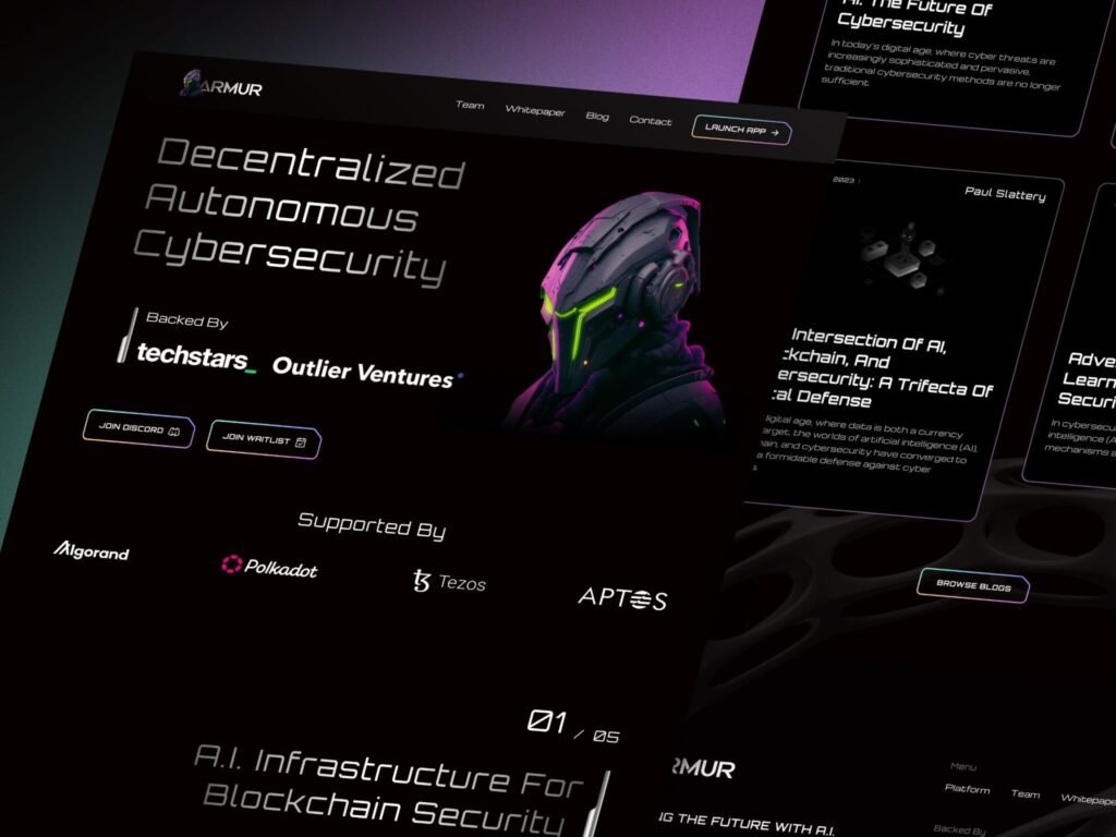 Futuristic AI assistant SaaS UI design hero section with cybersecurity branding, 3D graphics and modern UI UX Design