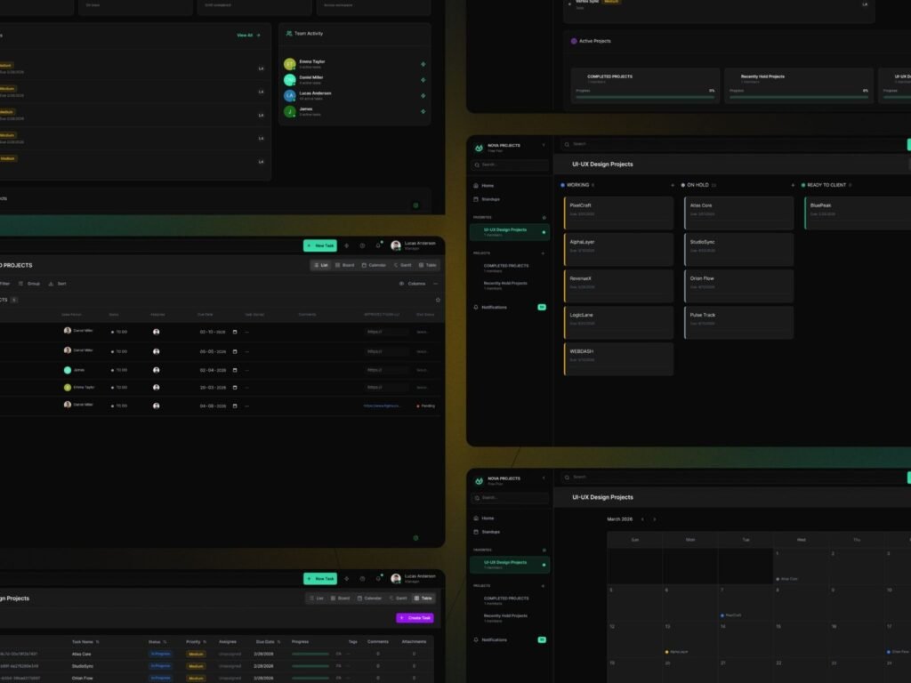 Project management calendar dashboard showing project schedules, task deadlines, and upcoming activities